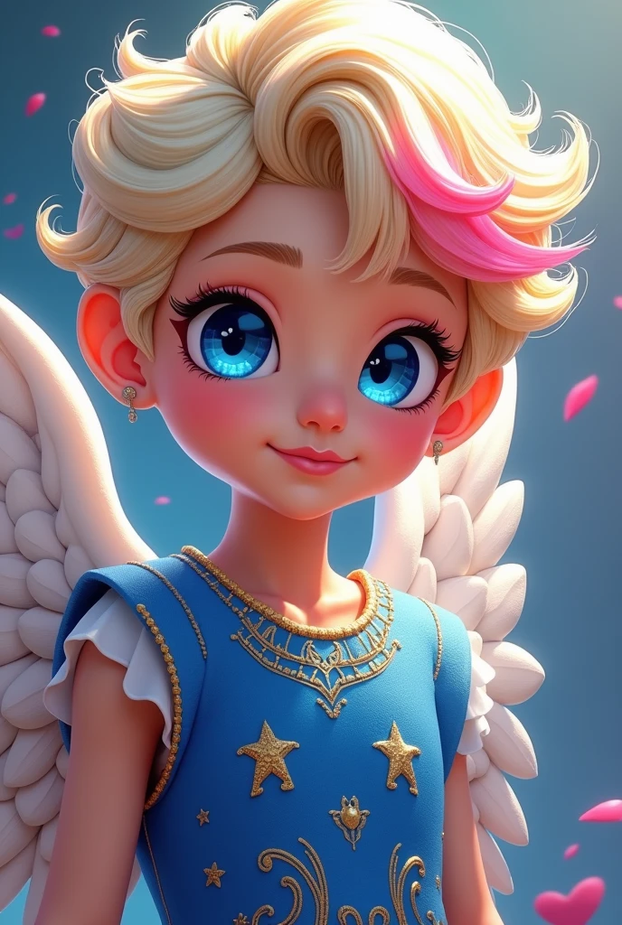 Image of C's son.a. Cupid e da Blondie Lockes de Ever after High: LnF , with blonde hair with pink, blue colored eyes, Caucasian skin, blue outfit with pink ancient greek gods style and bear and hearts elements on the outfit