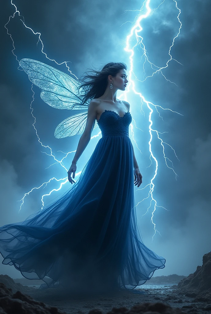 a woman with thunder power and fairy wings and wearing a dark blue dress