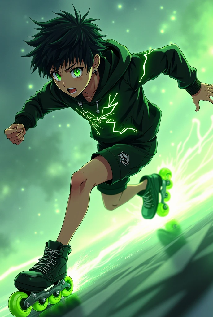 Could you please create an Anime Character. A male character with black hair reaching his ears, bright green eyes, wearing a black hoodie with green lightning around the waist, black shorts, and a silver ring with a subtle lightning pattern. He has a green lightning aura. He schuld wear cool black inline skates with green weehls. His hair should a little bit curly and with a bit green in it.  He is 2. He is racing.