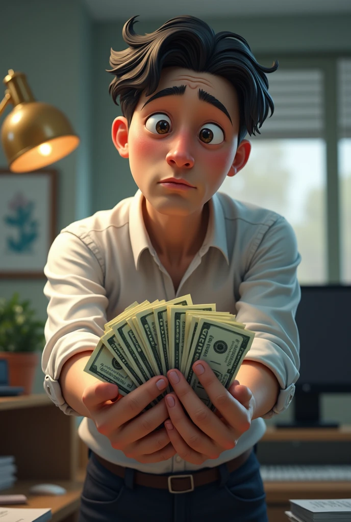 A busy office worker with a hand full of money 