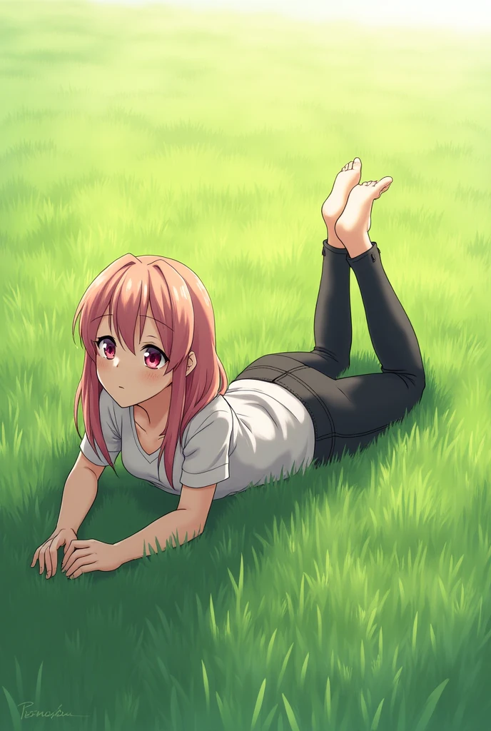 An anime girl wearing a black jeans lying on her stomach in a grass