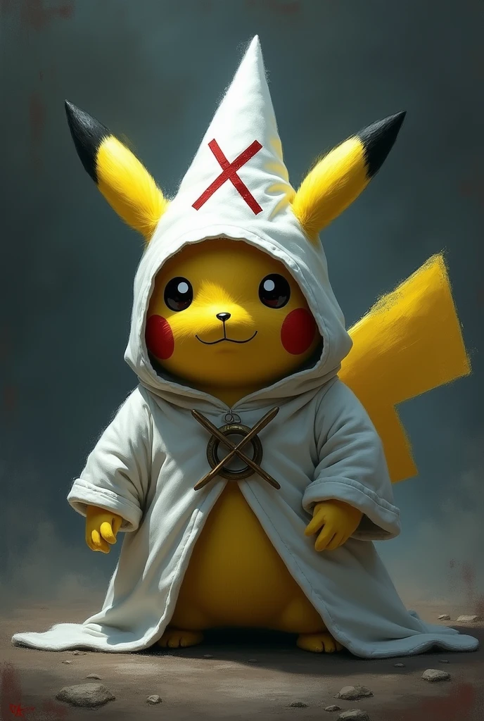 Pikachu in kukluxklan jumpsuit with his head covered by the hood