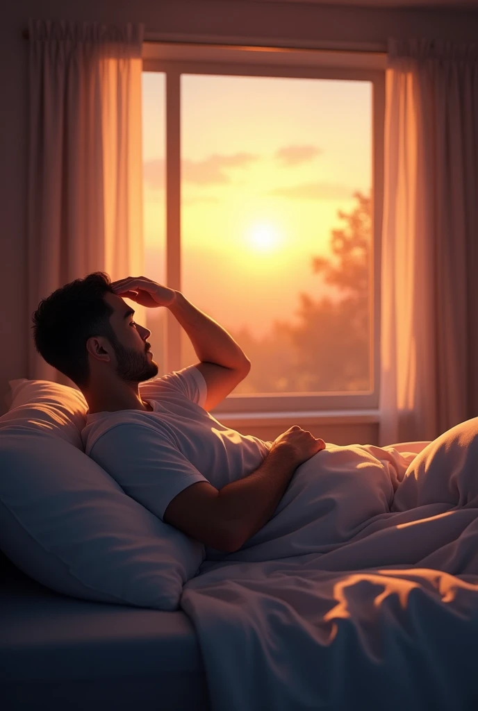 Create a realistic image of a person sitting and tucked into bed, looking at the sun through the window, with his hand on his forehead, slightly blocking the light, of the sun rising in the west 