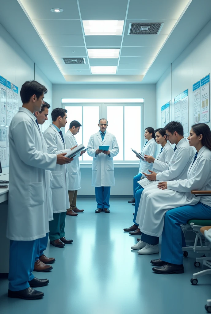 Scientific management
 Related to hospital doctors a image with people and doctor cheking patients and one nurse setting.on counter managing people 