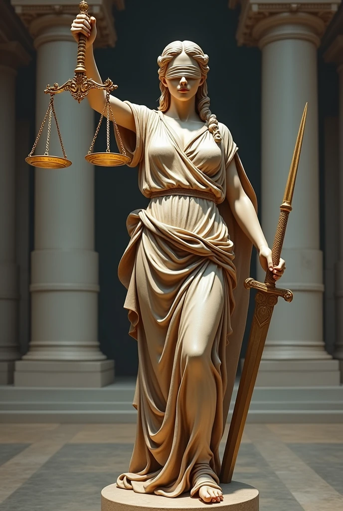 Goddess Temis alone with blindfold, scales in the right hand and sword in the left hand Related to the Faculty of Law of the Autonomous University Tomás Frías