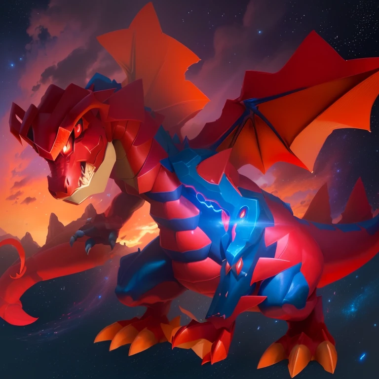 a close up of a cartoon dragon with a red and blue tail, similar to pokemon, dra the dragon, a red dragon, guggimon, new pokemon, fire type, style of pokemon, but as an anthropomorphic dragon, roshan, legendary dragon, portrait of a zentaur, charizard, slifer the sky dragon, official art