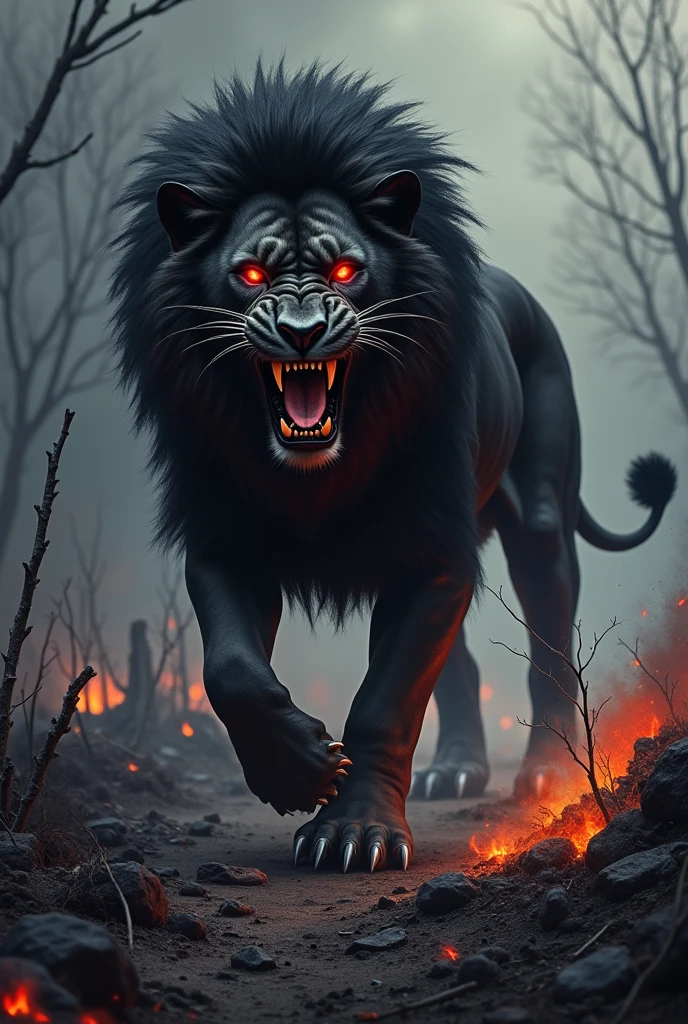 Black Lion with scary red eyes. Walking over a dark field devastated by a fire., Expressionism, motion lines, textured skin, super detail, high quality