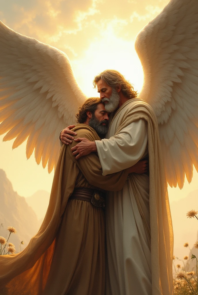 An illustration that combines elements of the parable and the Psalm (For example, the father hugging his adult son and a male angel protecting someone under his wings).