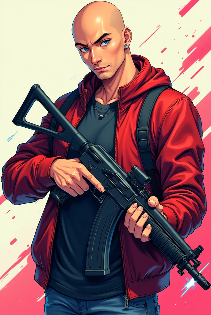 anime nice and normal bald guy posing with AK-47