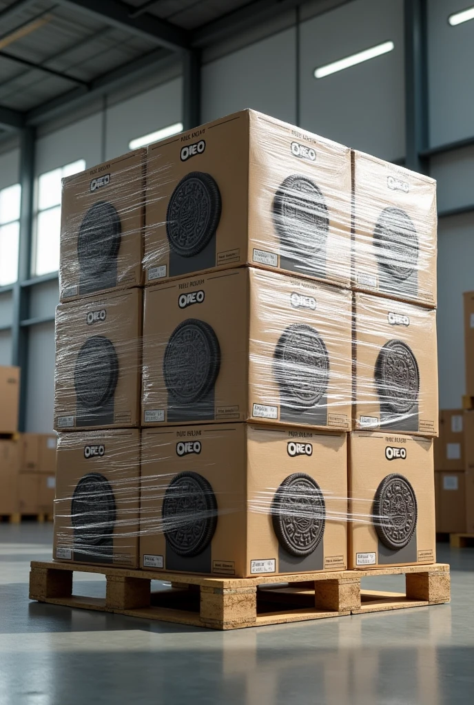 I want a Pallet full of big cardboard boxes of Oreo (show the representative cookie in the boxes), tightly wrapped in plastic paper.
