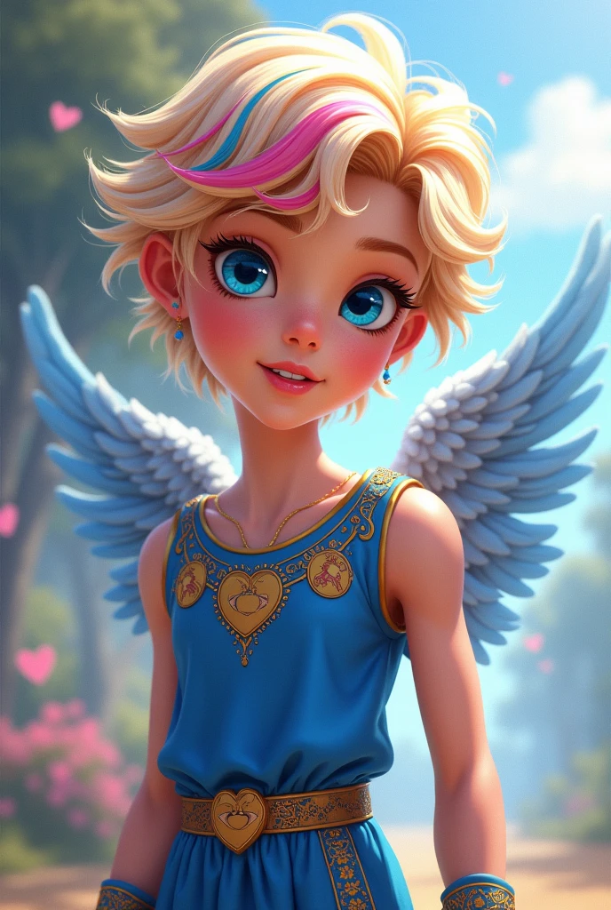 Image of C's son.a. Cupid e da Blondie Lockes de Ever after High: LnF , with blonde hair with pink, blue colored eyes, Caucasian skin, blue outfit with pink ancient greek gods style and bear and hearts elements on the outfit