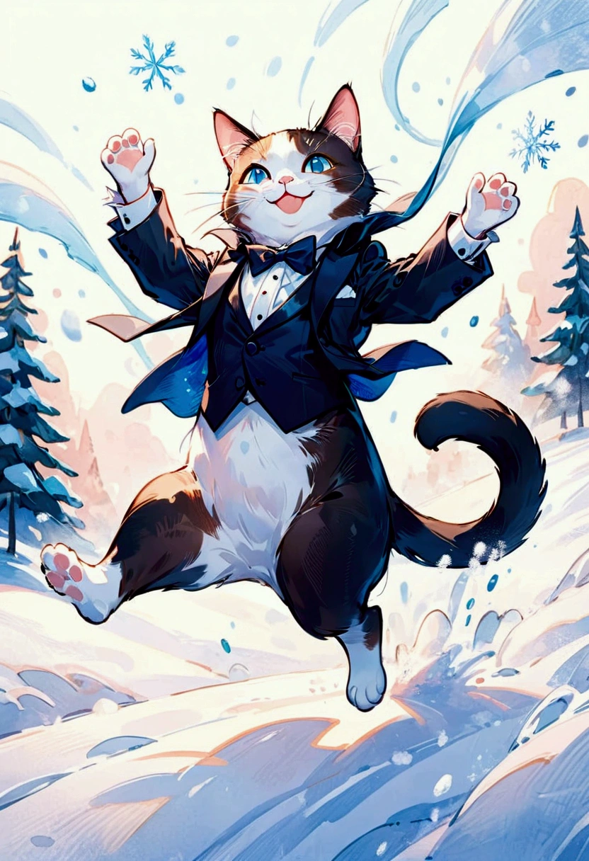 Scene of Happiness, Whimsical watercolor illustration of a tuxedo cat playing in the snow, jumping to catch snowflakes with a big smile. Soft textures, splashes of bright watercolor on textured paper, inspired by Beatrice Blue and Erika Robe, masterpiece, best quality, very aesthetic, absurdres