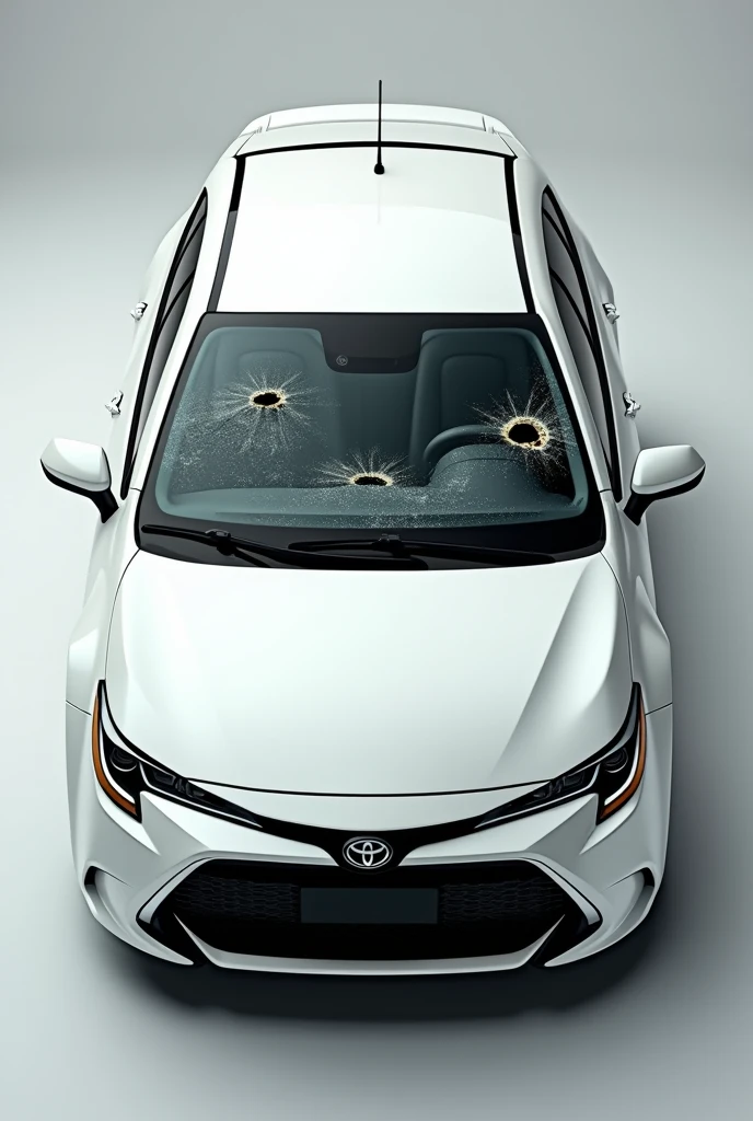 a car, white corolla model with shots on the windshield