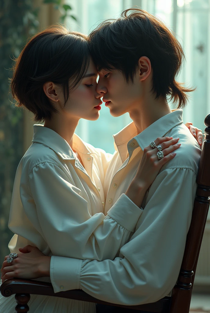 Young girl with brown short hair Mullet male asymmetrical haircut. with open ears, deathly pale skin, white gothic vampire shirt, she leaned against Young guy jeon Jungkook embrace couple in love.  Sitting on the chair,  cool pose wonder model, perfect dentle face,  light Fantasy effect. crystals on the rings.