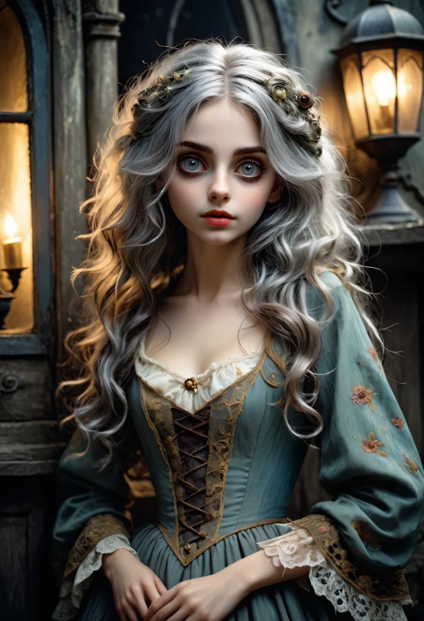 Vibrant, analog photo style, depths of field, (cute woman with big doll's eyes, messy grey hair, surrounded by a dark horrible antique setting), (don't be afraid of the night, be afraid of those you might meet at night), (her full body is a visual pleasure), extremely sexy, gloomy dark atmosphere, deep shadows with the some sun rays, a delicate balance between beauty and darkness, faded colours, great quality, Masterpiece, blurred gloomy background, naturally cinematic light, 16k quality, kodak porta 400, bokeh.