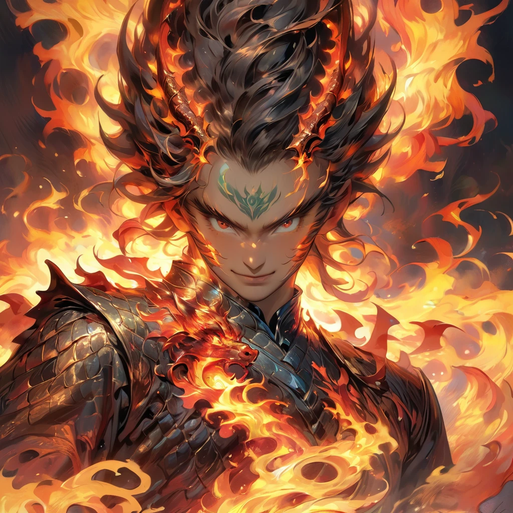 Very detailed、Spectacular artwork、shine、Wearing fire、Dragon face、The whole body is visible