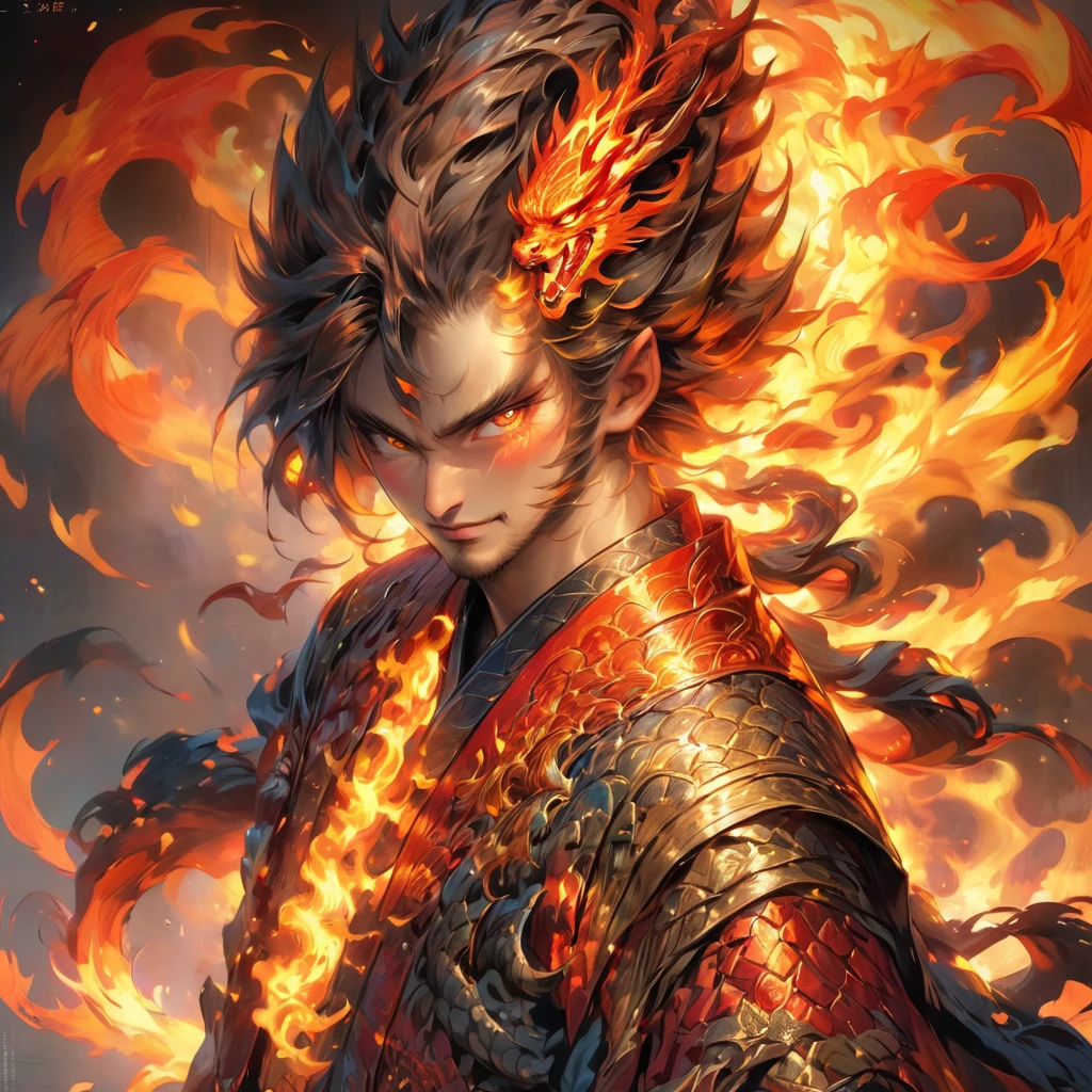 Very detailed、Spectacular artwork、shine、Wearing fire、Dragon face、The whole body is visible