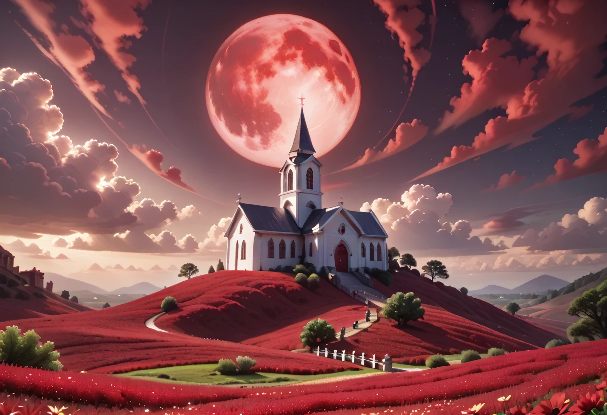 white church, summer, prairie, red landscape, red night sky, dark red sky, nighttime, red starlight, red full moon, beautiful landscape, masterpiece quality, ultra HD, 4K, best quality