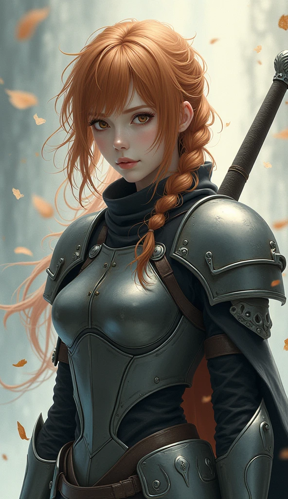 Theme of the game Final Fantasy. Image of a bronze-haired girl standing holding her favorite sword, wearing light armor in black and white, pastel colors, and dramatic tones. A masterpiece with the highest resolution , Image type surreal anime 