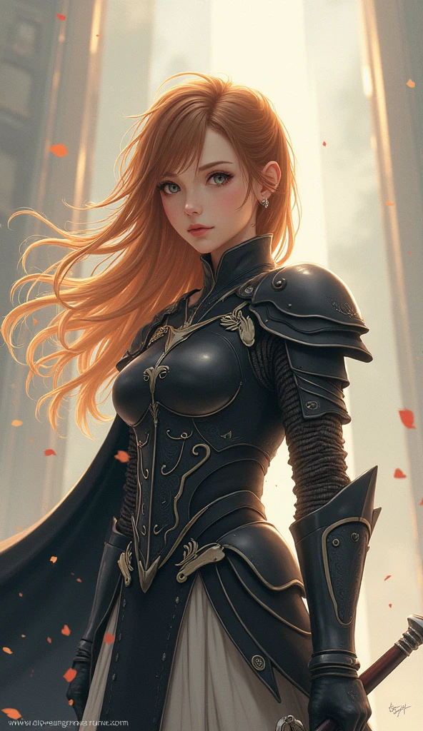 Theme of the game Final Fantasy. Image of a bronze-haired girl standing holding her favorite sword, wearing light armor in black and white, pastel colors, and dramatic tones. A masterpiece with the highest resolution , Image type surreal anime