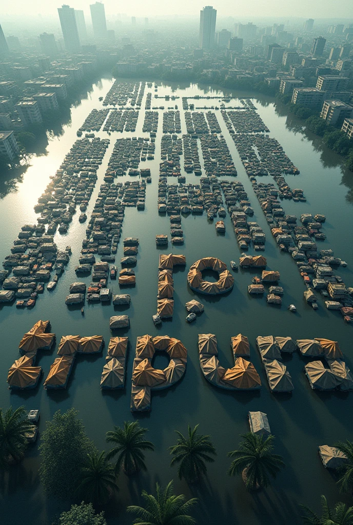 Create an aerial view of a vast flooded city with buildings in the distance. The foreground is filled with countless vehicles and tents arranged in a grid pattern, forming large letters that spell out  "PRAY FOR TRIPURA". The scene should convey a sense of urgency and focus, with the letters made up of the vehicles and tents standing out prominently against the flood background.