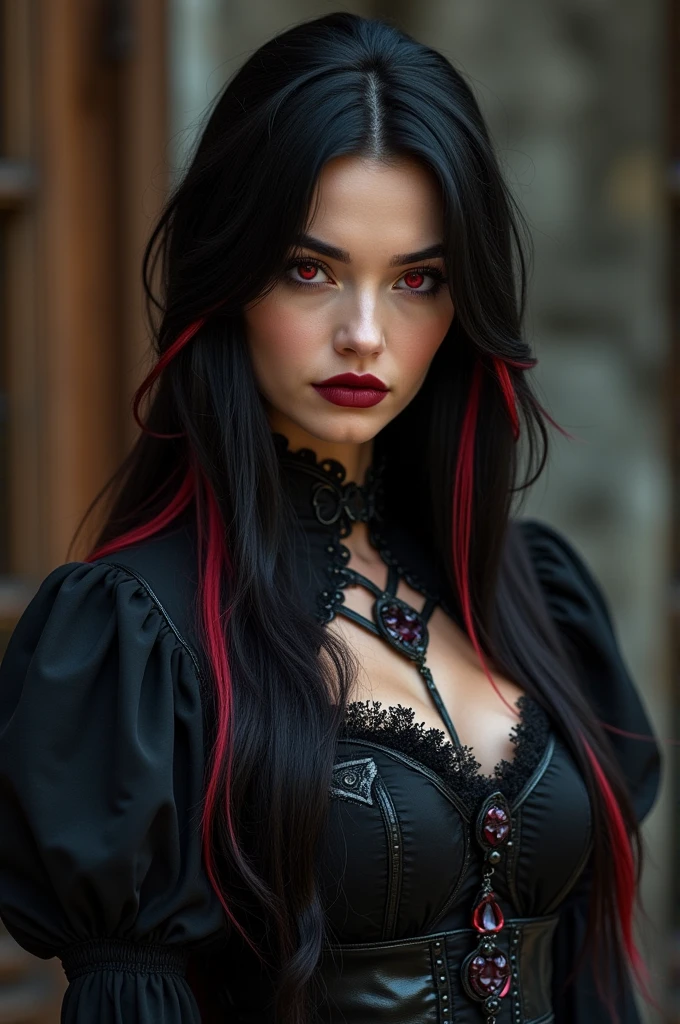Beautiful and fit woman character with red demon eyes, black hair and red hair tips, Caucasian skin, and black medieval gothic dress. Cut a man in half