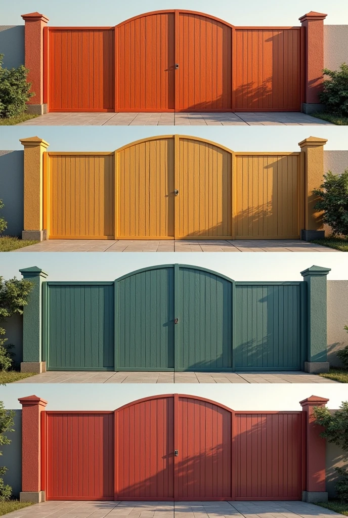 Generates 4 images of a fence with the following color combination, the first is the main color and the second is the color of the pillars 1. **dark coffee (Chocolate Brown) + cream (Ivory.
2. **Medium coffee (Walnut) + Off-white (off-white.
3. **Greyish brown (taupe) + light grey (pewter).
4. **Reddish brown (Mahogany) + Dull gold (Muted Gold).