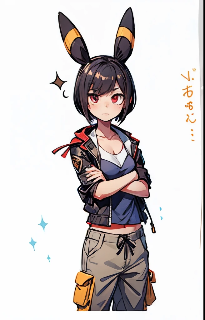 Black hair, Umbreon ears, red eyes, black cargo pants, ligh Blue tank top, médium breast, open leather jacket, pixie cut