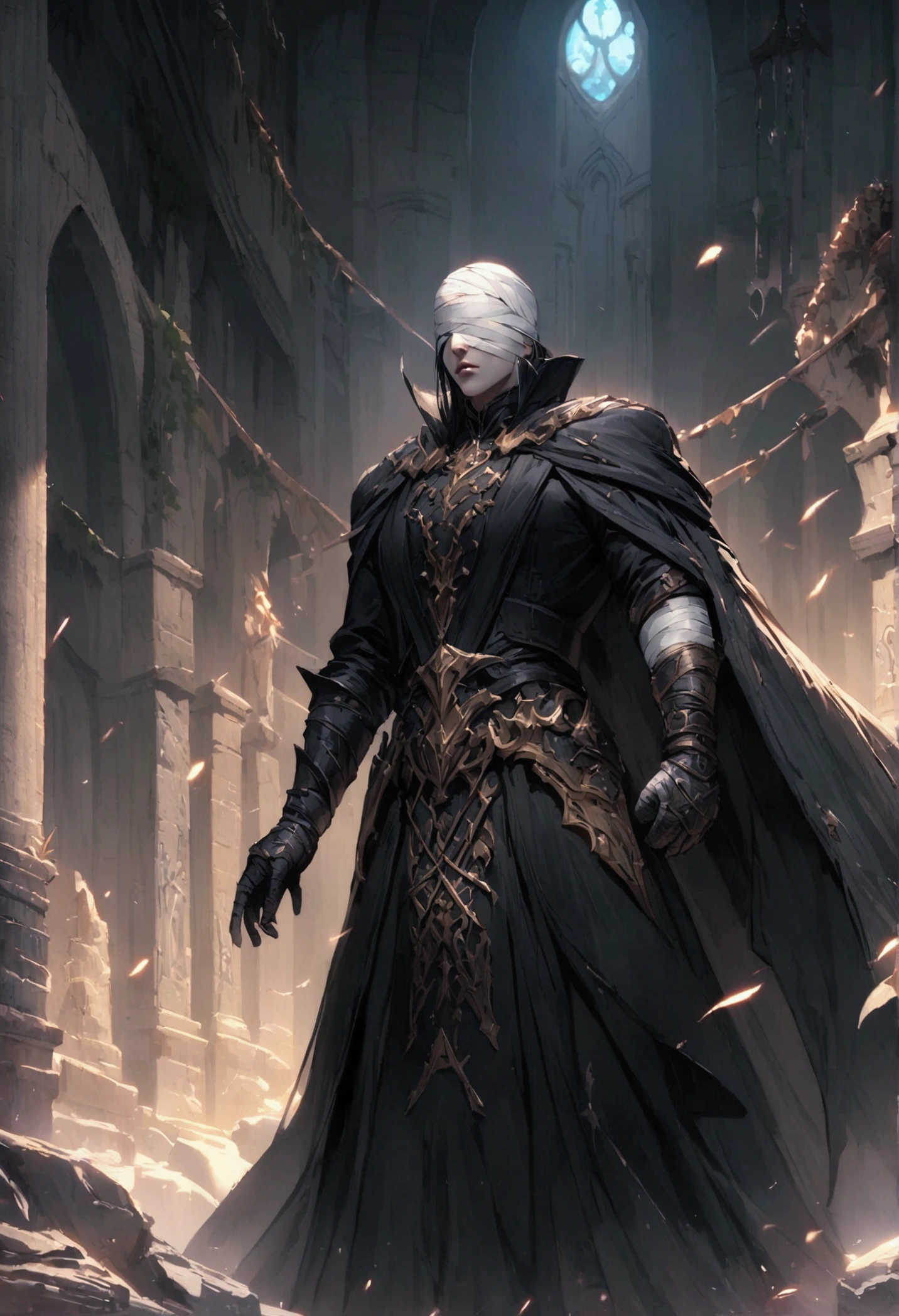 There's a man in a black cape, bandages covering your eyes, epic fantasy style