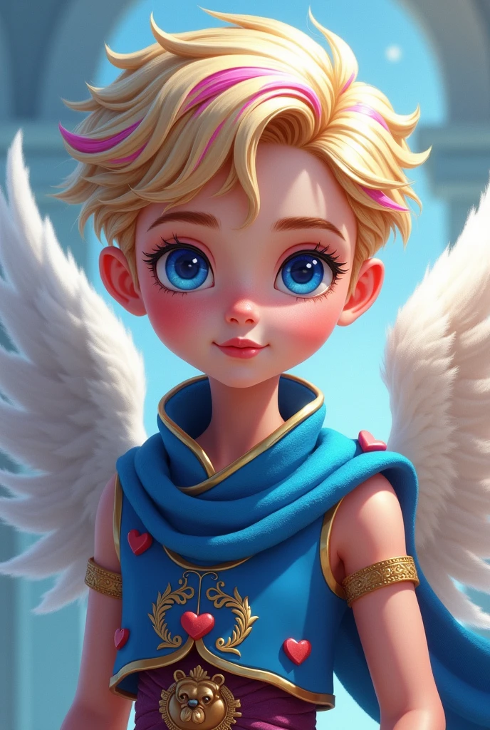 Image of C&#39;s son.a. Cupid e da Blondie Lockes de Ever after High: LnF , with blonde hair with pink, blue colored eyes, Caucasian skin, blue outfit with pink ancient greek gods style and bear and hearts elements on the outfit 