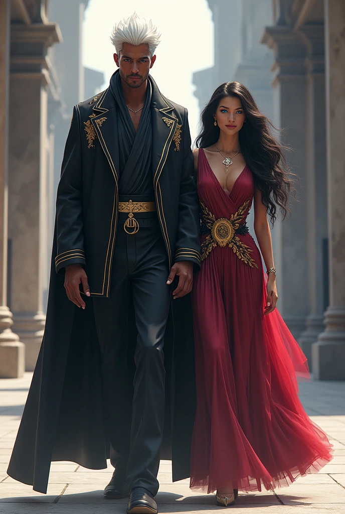 A couple, a man of 2 and a half meters and a woman with dark hair walking side by side, the man who had white hair who looked like a prince with dark brown skin and violet eyes.