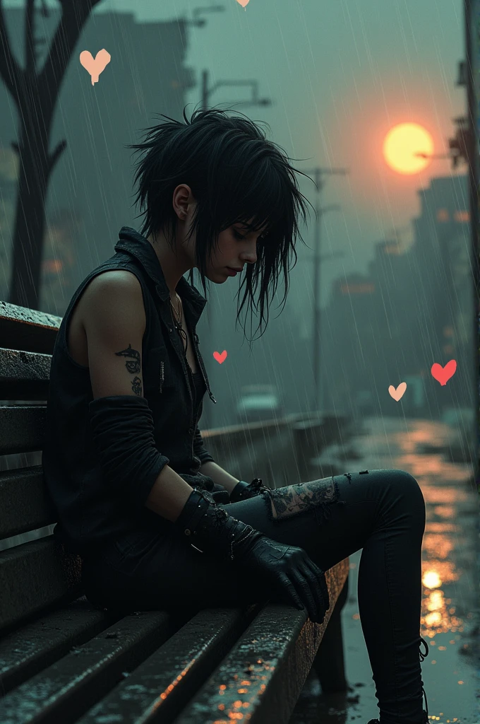 A person with broken hearts is raining and the sun is just setting and the moon is coming out take punk girl sitting on a bench with the one and is depressed and sad