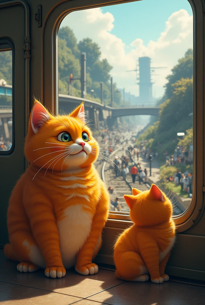 Write a Story of "an orange hair chubby cat traveling with his chubby orange kitten from the railway station to a bus crash . The train jolts and begins to descend a steep incline, the scenery outside becoming increasingly chaotic. and fall outside