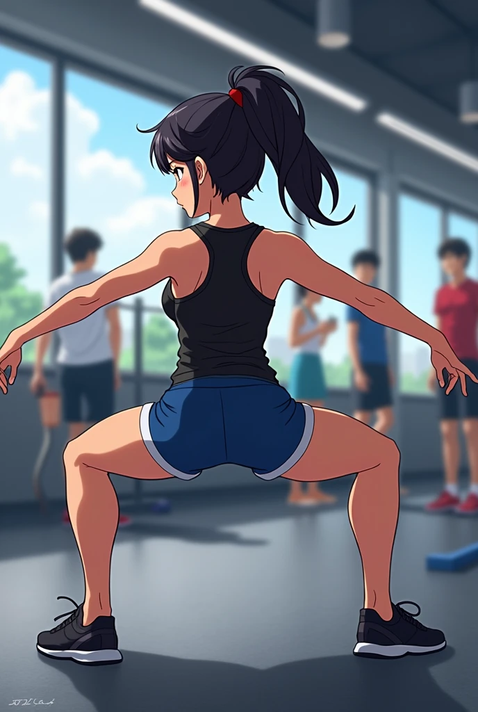 From back point of view. It shows a anime girl  in a gym, performing a squat exercise. She is wearing a black tank top and blue shorts, and her hair is tied back in a ponytail. The woman is in the middle of the exercise, with her left leg extended behind her and her right leg bent at the knee. Her arms are stretched out to the sides and her feet are planted firmly on the ground. In the background, there are other people working out in the gym, and various exercise equipment can be seen