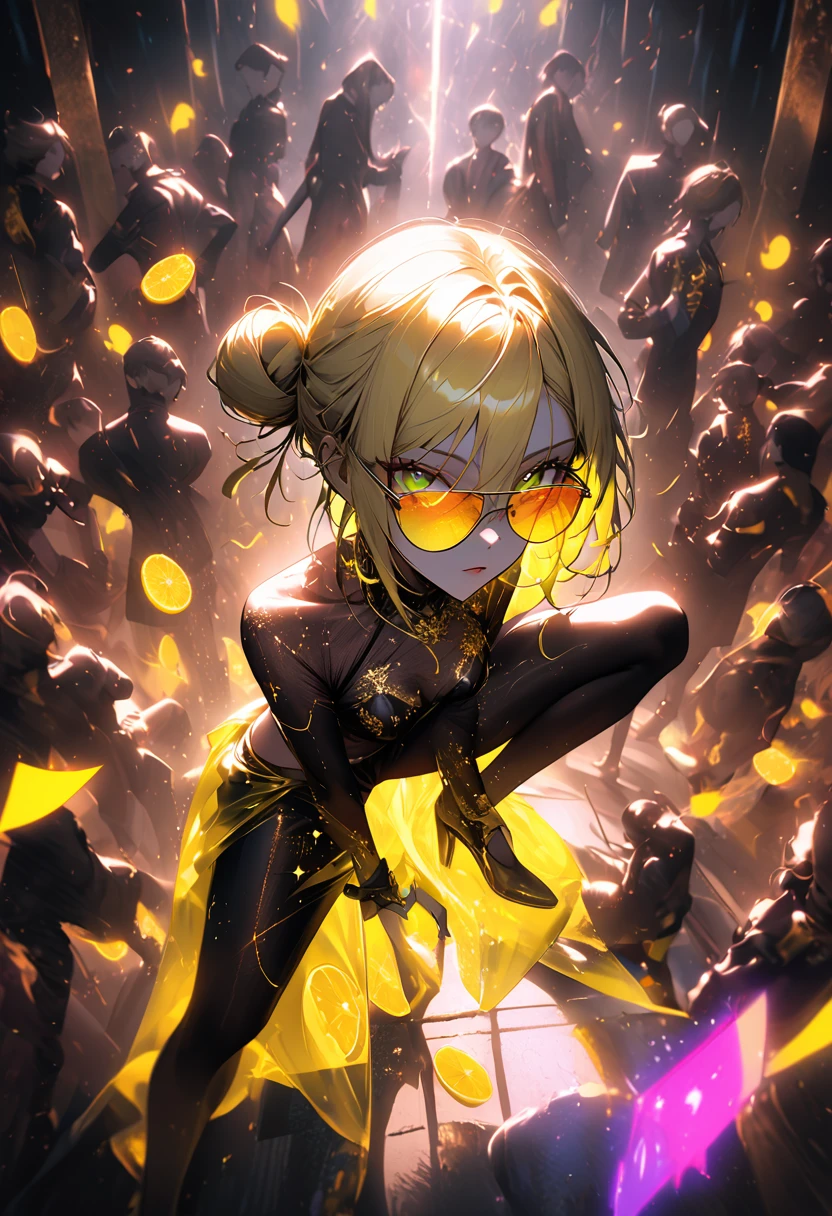 be ethereal, loose bun, lasts transparent bioluminescent, sexy big Sensual Goku sunglasses + Sarada Power, yellow hair spray curled full body posture, Kung Fu art low crouching perspective, emitting moody constellation of hues including brown, rot, Black gold shock neon , lemon, love it neon cyan, surrounded by a storm of luxurious light, explosão de laranjas e rots