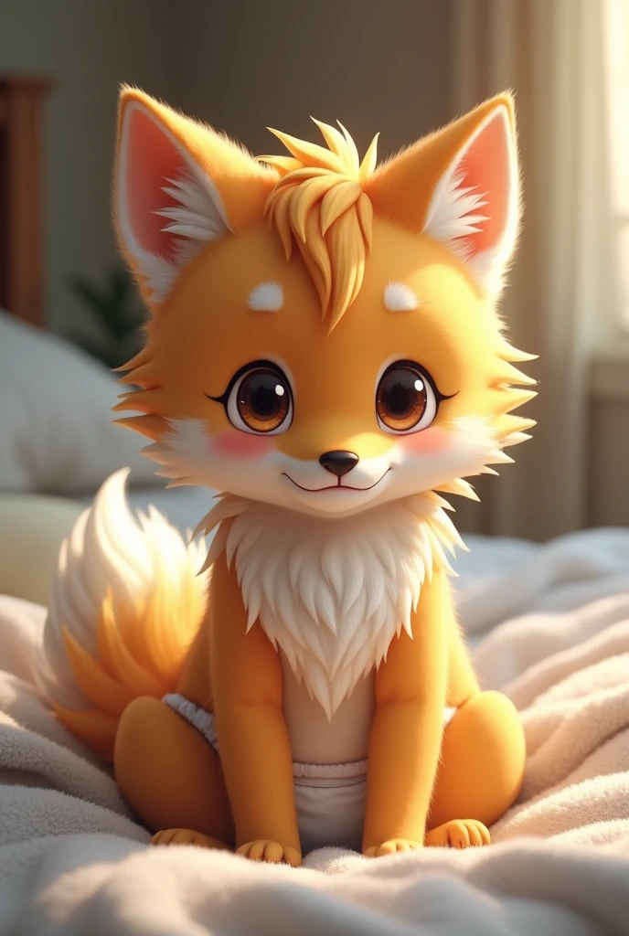 Cute golden furry wolf boy,Sitting on the bed,Diapers,blush,WRONG