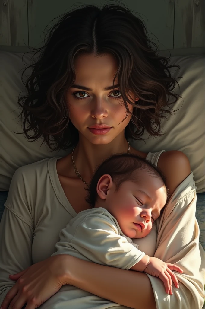 Create an image of a mother intensely experiencing the transformations of the postpartum period, the postpartum period. The woman is portrayed realistically, in the day-to-day care of a newborn