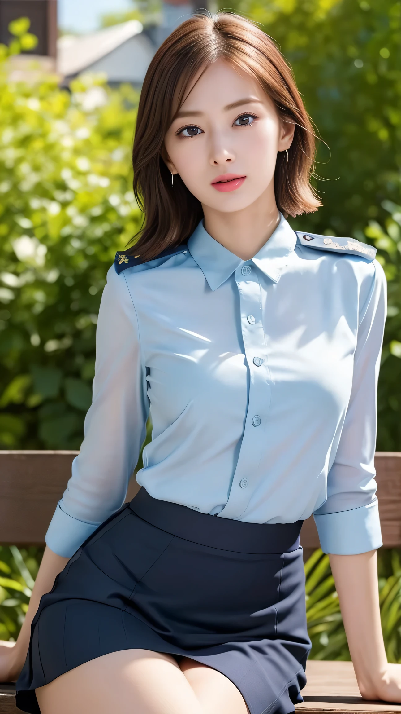 ((Policewoman sitting on a park bench)),Highest quality work,Live-action work,Ultra Premium Graphics,8K HD CG Works,High Quality Graphics,High-definition CG works,10x pixels,Ultra-fine detail:1.1,High level of technical detail:1.1 Photorealistic,Natural light:1.5. Lighting Effects(バーチャルLighting Effects:1. 8)、(Golden White Shorthair)、(Bob Hair)、Thin eyebrows、High nose、Nice red lips、Rose Cheek、Casual makeup face、Cute Face、Perfectly balanced face、Light-toned foundation。 A foundation that enhances the transparency of your skin。 ((female officer:1.5)),((Navy blue jacket with emblem on chest)),((Semi-transparent light blue blouse)),((Navy blue tight skirt))。40k, photograph, On the table, Highest quality, Rain Background, ((1.A girl with beautiful eyes and light hair, White skin, Mr.A Pose.((Medium chest::1.1)), Highest quality, On the table, Ultra-high resolution, (Real::1.4), RAWphotograph, (Perfect figure)