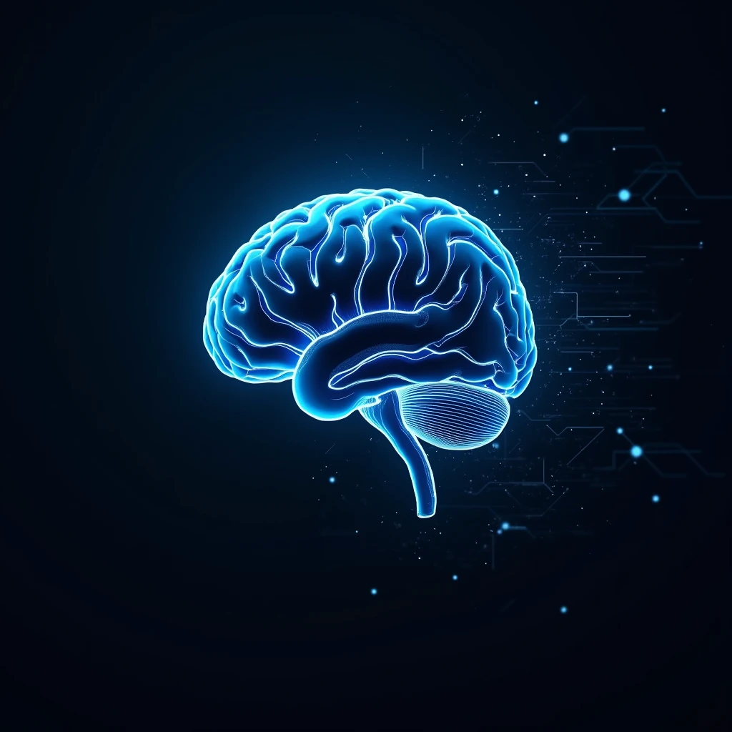 Blue brain black back ground with technology in computer size عکس افقی