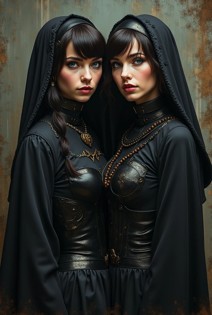 A Beautiful 2 woman. Dark brown hair, pixie haircut. blue eyes. daring space nun outfit. goth tomboy. maidenly charm. Dark sci-fi. Warhammer 40k. Dieselpunk. baroque oil painting.