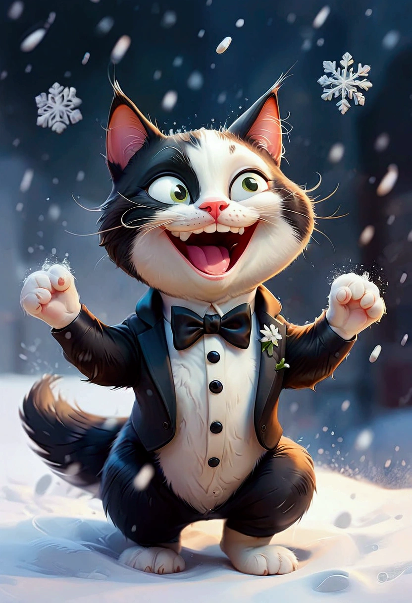Scene of Happiness, Whimsical watercolor illustration of a tuxedo cat playing in the snow, jumping to catch snowflakes with a big smile. Soft textures, splashes of bright watercolor on textured paper, inspired by Beatrice Blue and Erika Robe, masterpiece, best quality, very aesthetic, absurdres