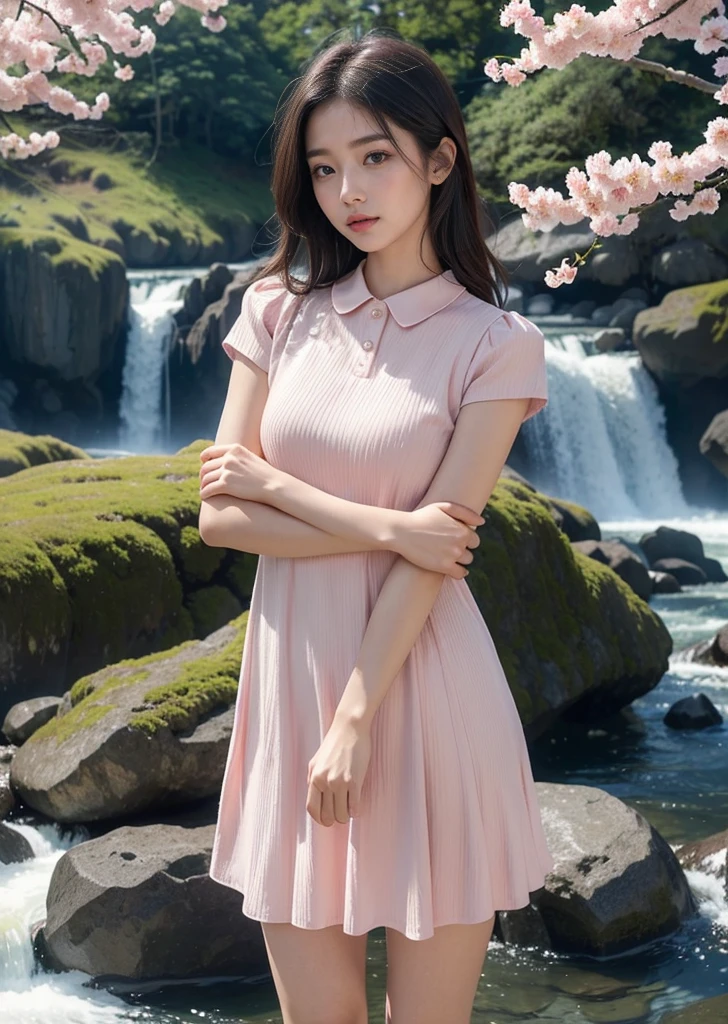 (masterpiece:1.3、high-level image quality、hightquality)、(Beautiful realistic Japan person:1.3),(perfect anatomia、Beautiful perfect limbs、Beautiful skin、Healthy body),(Japanese actressl:1.3、cute little:1.3)、(Cherry Blossom Ansling Ribbed Collar Split Flare Short Sleeve Mini Dress),A dark-haired、bobhair、18year old、Beautiful appearance、Engaging pose、Signs of spring, ((standing in front of Kanakai Waterfalls))、professional photograpy、blows wind、The murmur of the creek、serene landscape、Tender love、Cheerful idol