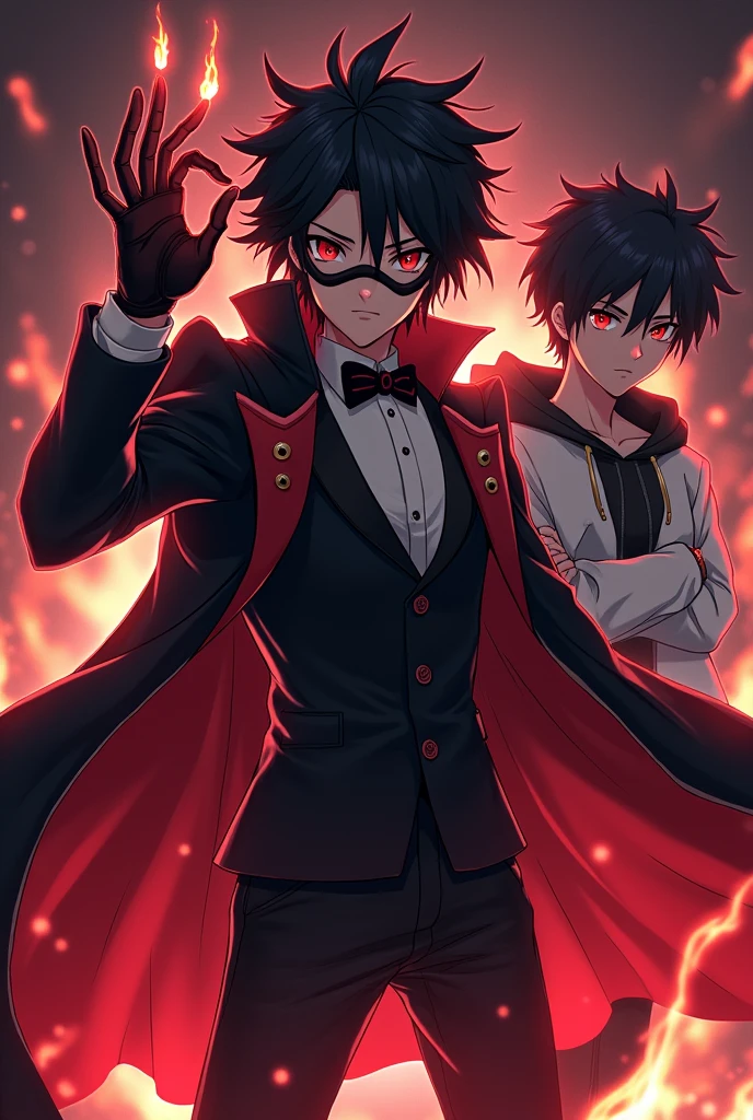 Clear! Here is a description of what the character could look like in anime style: 1. **hair**: I might have dark, messy hair, with pointed tips resembling flames or shadows, giving it a dynamic and powerful look. 2. **CLOTHES**: He would wear a long, dark cloak, maybe with red details, that floats dramatically around him. stylized in the shoulders and arms. 3. **Accessories**: I could wear a pair of gloves with shiny details, and maybe a mask that covers part of your face, adding a mysterious air. 4. **Posture**: I would be in a pose of action power or controlling dark elements. 5. **bottom**: A dark background or red and black tones, that highlights the contrast with the character, giving a feeling of intensity and strength. He is young in a tuxedo-type suit and has a Tommy gun and next to him his friend in a white sweatshirt mixed with black with a gun in his hand and has disheveled hair is a young man