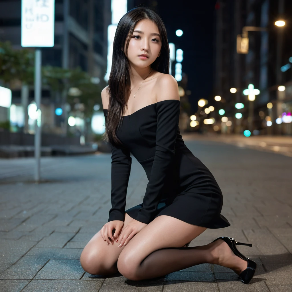 Yui, photo of female, age 15 year, perfect pupils, black shoulder length hair with brown highlights; (ultra quality, film grain, crystal clear, 8K UHD, high detailed skin, skin pores); very dark, at night, empty business district, sexy mini black dress, , full body, kneeling, tall heels, squating, side view