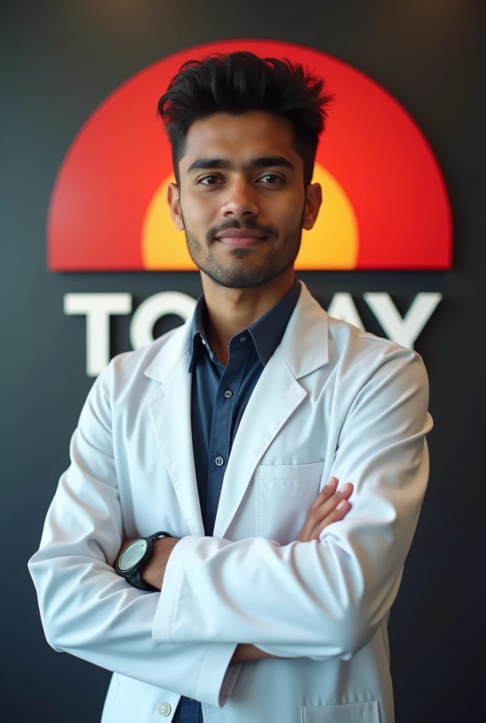 17 year old Indian boy handsome wearing normal dress doctor posing for name Nadeem India Today in background