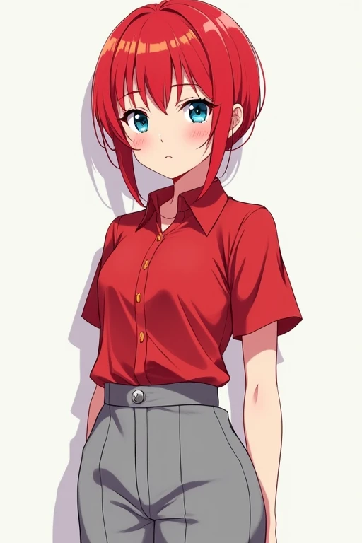 Anime Japanese female, high school student, school uniform, red hair, low ponytail, blue eyes, scarlet shirt, light grey slacks
