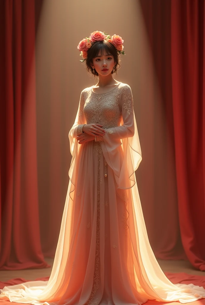 A beautiful girl oblong face specs pakistani dress giving a pose roses on hair cirtan bangs fair skin like korean lighting effect Standing on a stage full body can ve seened short hair
