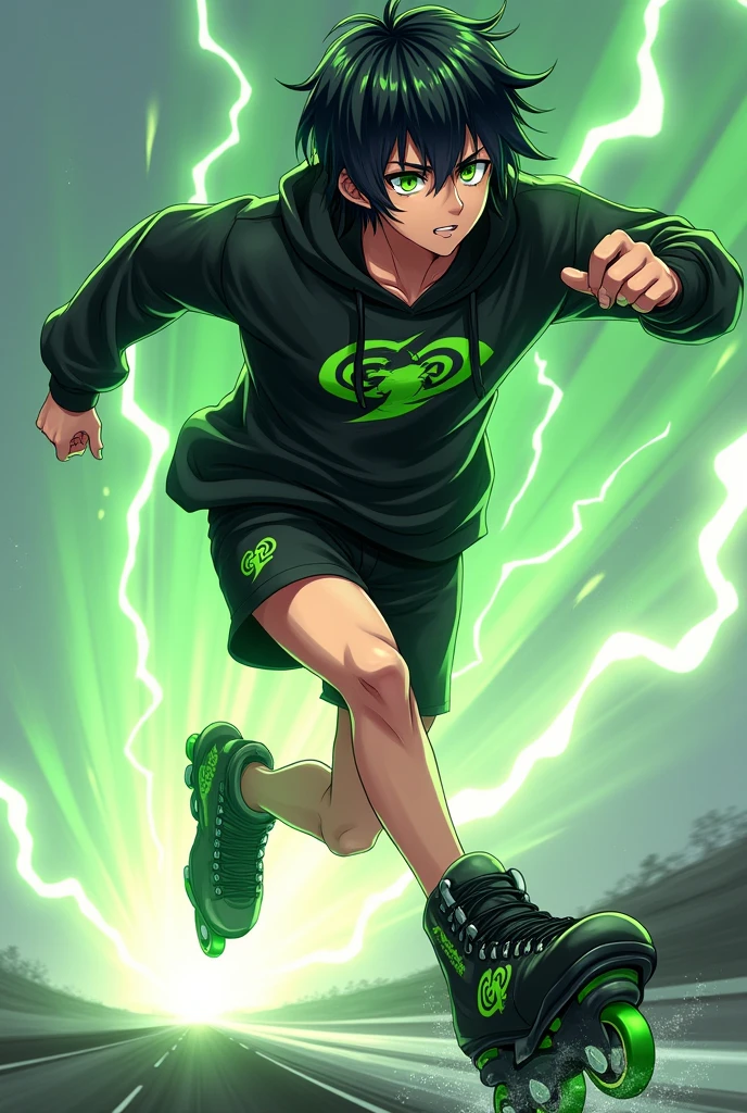 Could you please create an Anime Character. A male character with black hair reaching his ears, bright green eyes, wearing a black hoodie with green lightning around the waist, black shorts, and a silver ring with a subtle lightning pattern. He has a green lightning aura. He schuld wear cool black inline skates with green weehls. His hair should a little bit curly and with a bit green in it.  He is 2. He is racing. His height is 1.83