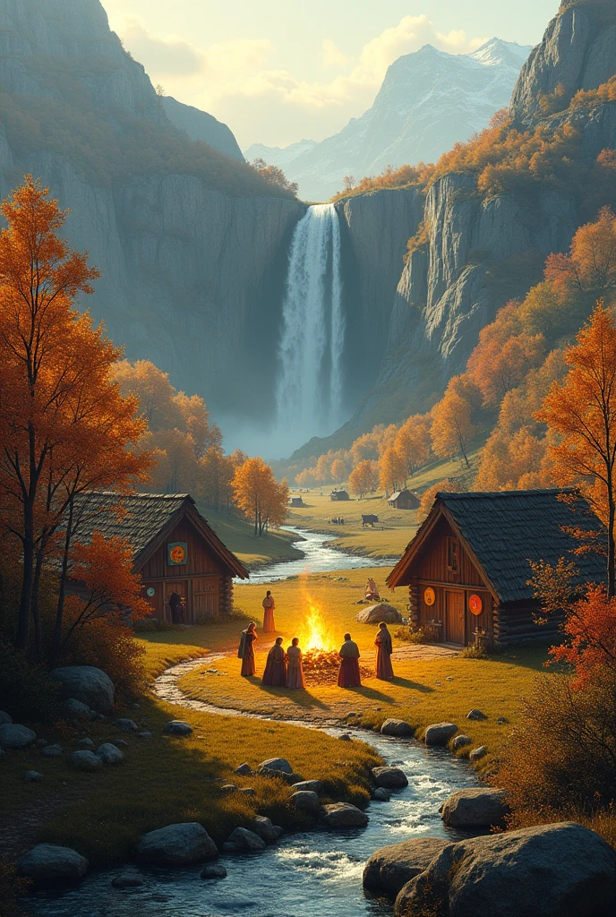 Create an A3-sized landscape of a Viking village nestled in a serene valley during autumn. The village consists of wooden longhouses with colorful shields hanging on the walls, surrounded by golden-leaved trees and a gentle river flowing through the center. In the background, a grand waterfall cascades down from a steep cliff, feeding into the river, while the surrounding hills are dotted with vibrant orange and red foliage. A group of Vikings is gathered around a bonfire in the village center, with the warm glow of the flames contrasting against the cool, crisp air. The sky is clear, with the sun setting behind the distant mountains, casting a soft, golden light over the entire scene. The mood is peaceful yet vibrant, reflecting a moment of tranquility and community within the Viking world.