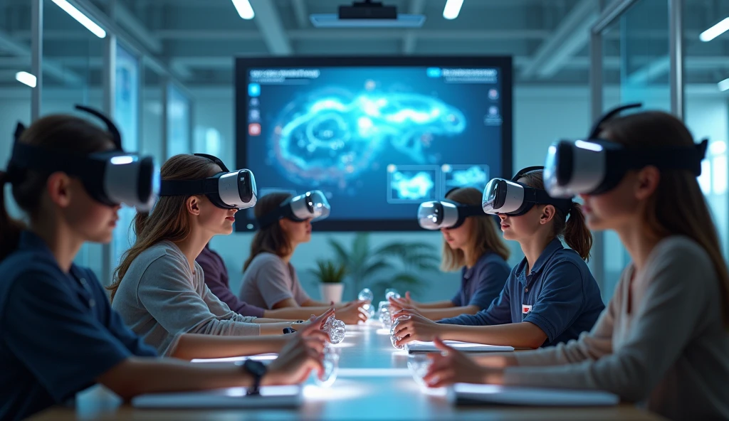 Students engaging with VR headsets and AI in the classroom, enhancing learning through machine learning and interactive technology.